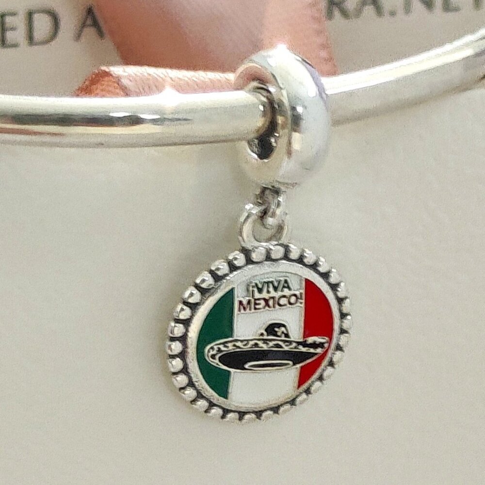Pandora Engraving Viva Mexico Sombrero Dangle Charm Pendant S925 Silver with box